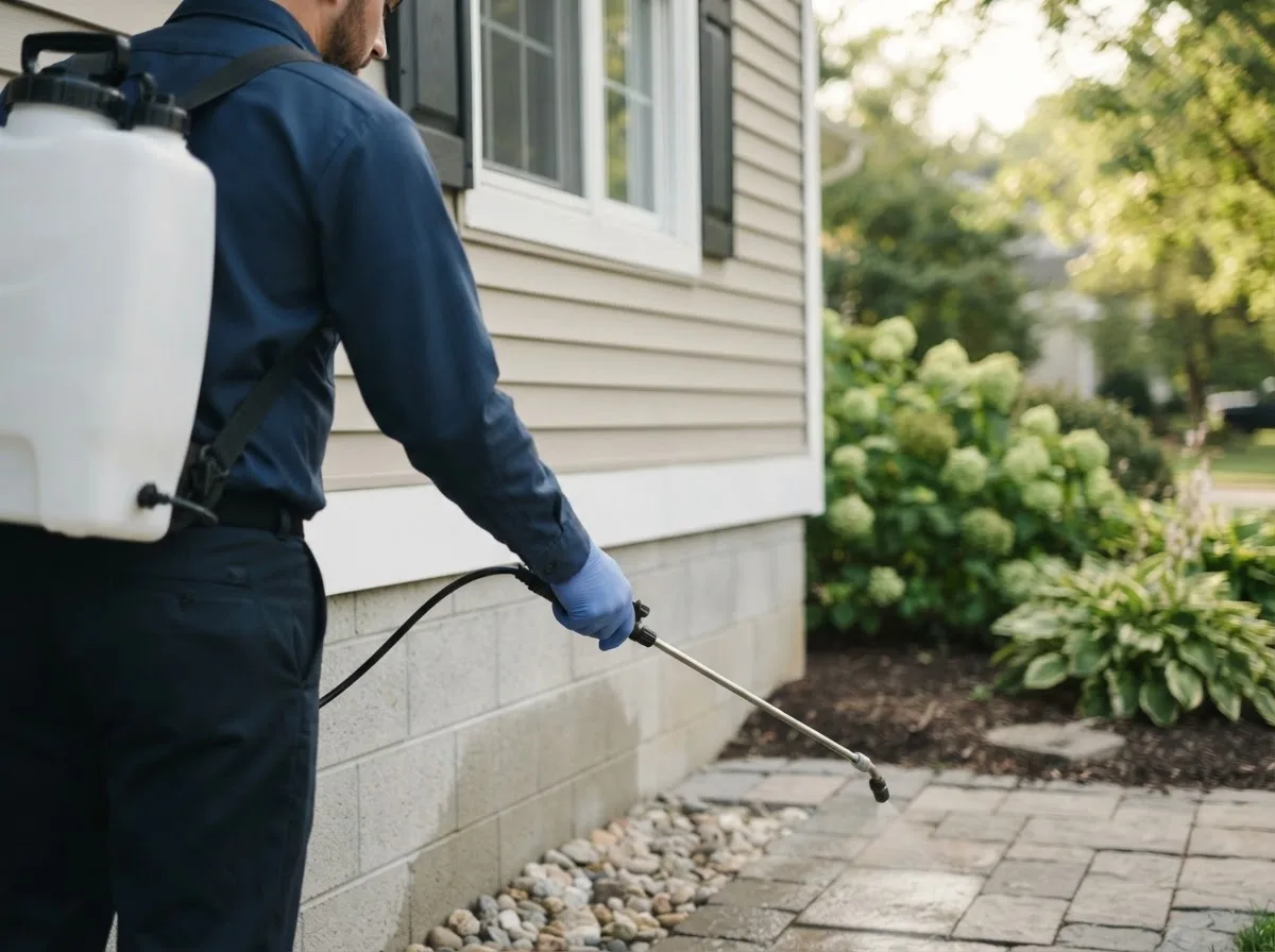 Pest control technician inspecting a home in Springfield, ID